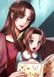 Rule 34 | 2girls, aerith gainsborough, blue dress, book, braid, brown hair, bug, butterfly, dress, final fantasy, final fantasy vii, final fantasy vii remake, green eyes, halu-ca, highres, ifalna, insect, mother and daughter, multiple girls, open mouth, pink dress, ponytail, reading, shinra hq, square enix, wavy hair, aged down