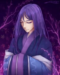 Rule 34 | 1other, alternate costume, androgynous, artist name, blue kimono, branch, chin, clause (len&#039;en), closed eyes, closed mouth, commentary, english commentary, eyeshadow, floral background, japanese clothes, kimono, len&#039;en, lenk64, long hair, long sleeves, makeup, own hands together, purple background, purple eyeshadow, purple hair, purple trim, sleeves past fingers, sleeves past wrists, smile, straight hair, upper body, very long hair, wide sleeves