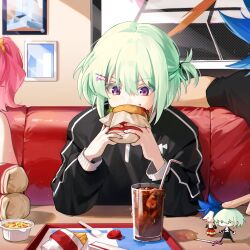 Rule 34 | 1girl, 2boys, aina ardebit, bendy straw, black jacket, burger, chibi, cola, drinking straw, eating, fast food, food, french fries, galo thymos, glass, green hair, hair ornament, hairpin, highres, holding, holding food, jacket, lio fotia, multiple boys, out of frame, picture frame, prmattotia, promare, purple eyes, short hair, side ponytail, sitting, soda, solo focus, trap, tray