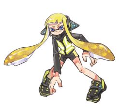 Rule 34 | 1girl, agent 3 (splatoon), bike shorts, black shirt, blonde hair, blue eyes, closed mouth, full body, headgear, high-visibility vest, inkling, inkling girl, inkling player character, long hair, long sleeves, nintendo, shirt, shoes, simple background, smile, solo, splatoon (series), splatoon 1, suction cups, tentacle hair, thenintlichen96, very long hair, white background
