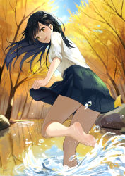 Rule 34 | 1girl, :d, absurdres, artist name, autumn, back, barefoot, black hair, blue skirt, blush, breasts, brown eyes, dated, day, dress shirt, feet, forest, from behind, ginkgo leaf, highres, leaf, long hair, looking at viewer, looking back, may9, nature, open mouth, original, outdoors, parted bangs, pleated skirt, pond, rock, school uniform, shirt, signature, skirt, skirt hold, sleeves rolled up, smile, soles, solo, splashing, standing, standing on one leg, toes, tree, wading, water, water drop, white shirt