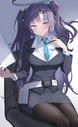 Rule 34 | 1girl, alternate costume, black jacket, black pantyhose, black skirt, blue archive, blue eyes, blue hair, blue necktie, blush, chair, closed mouth, collared shirt, commentary request, halo, highres, holding, jacket, long hair, long sleeves, looking at viewer, necktie, office lady, pantyhose, parted bangs, partial commentary, shirt, shougun (chuckni1), sitting, skirt, smile, thighs, twintails, white shirt, yuuka (blue archive)
