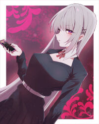 Rule 34 | 1girl, belt, black shirt, black skirt, cellphone, character request, commentary, copyright request, detached collar, dutch angle, earrings, grey hair, hair ornament, hairclip, heart, heart-shaped pupils, highres, holding, holding phone, jewelry, kurokubo (yakekubo), long hair, looking at viewer, phone, pleated skirt, red eyes, shirt, short sleeves, skirt, smartphone, solo, symbol-only commentary, symbol-shaped pupils, very long hair, white belt, wing collar