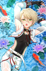 Rule 34 | 1boy, :o, androgynous, arm behind back, armpit cutout, armpits, arms up, belt, bishounen, black gloves, black leotard, chinese knot, clothing cutout, cowboy shot, cropped jacket, day, diamond o-ring, earrings, ensemble stars!, fingerless gloves, fish, flower knot, from above, gloves, green brooch, green eyes, hair between eyes, half-closed eyes, highres, jacket, jewelry, leotard, light blush, lily pad, loose belt, lying, male focus, mandarin collar, o-ring, o-ring belt, on back, pants, partially submerged, raised eyebrows, reira (reomimi0211), ripples, shell cutout, shiratori aira (ensemble stars!), siamese fighting fish, side cutout, sleeveless, sleeveless jacket, solo, sunlight, swept bangs, teeth, upper teeth only, wet, wet clothes, white belt, white jacket, white pants, white sleeves