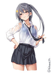 Rule 34 | 1girl, alternate costume, black necktie, black ribbon, black skirt, blue one-piece swimsuit, blush, collared shirt, cowboy shot, cropped legs, ebifurya, grey eyes, grey hair, hair between eyes, hair ribbon, highres, kantai collection, long hair, long sleeves, looking at viewer, necktie, one-hour drawing challenge, one-piece swimsuit, ribbon, scamp (kancolle), school uniform, shirt, side ponytail, simple background, skirt, solo, swimsuit, swimsuit under clothes, twitter username, wet, wet clothes, wet shirt, white background, white shirt