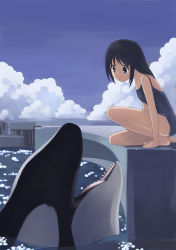Rule 34 | 1girl, bad id, bad pixiv id, barefoot, black hair, blue eyes, cloud, day, flat chest, from side, frown, kouno hikaru, long hair, one-piece swimsuit, orca, original, outdoors, pool, poolside, school swimsuit, solo, swimsuit