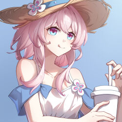 Rule 34 | 1girl, alternate costume, blue background, closed mouth, cup, disposable cup, drinking straw, flower ornament, hat, highres, holding, holding cup, honkai: star rail, honkai (series), lisebai, march 7th (honkai: star rail), medium hair, pink hair, solo, straw hat, string, tongue, tongue out