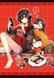 Rule 34 | 1girl, barefoot, black hair, cellphone, character request, chibi, drinking, fate/grand order, fate (series), grid background, headphones, highres, holding, long hair, phone, red background, red eyes, shorts, smartphone, yui (tamagohan)