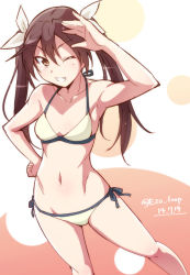 Rule 34 | 10s, 1girl, armpits, brown eyes, brown hair, e20, grin, groin, hair ribbon, hand on own hip, kantai collection, long hair, looking at viewer, midriff, navel, one eye closed, ribbon, smile, solo, stomach, tone (kancolle), twintails
