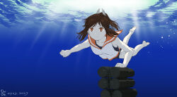Rule 34 | 1girl, artist logo, barefoot, blue one-piece swimsuit, brown eyes, brown hair, dated, depth charge, hair ornament, highres, honda yoshinobu, i-401 (kancolle), kantai collection, one-piece swimsuit, orange sailor collar, ponytail, sailor collar, school swimsuit, shirt, short hair, side-tie shirt, sleeveless, sleeveless shirt, solo, swimming, swimsuit, swimsuit under clothes, underwater