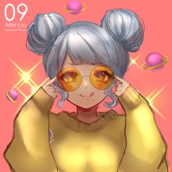 Rule 34 | 1girl, :q, absurdres, adjusting eyewear, adjusting glasses, artist name, blush, commentary, double bun, english commentary, grey hair, highres, long sleeves, looking at viewer, orange-tinted eyewear, orange-tinted glasses, original, rimless eyewear, round eyewear, saturn (planet), sleeves past fingers, sleeves past wrists, smile, solo, sunglasses, sweater, temachii, tinted eyewear, tongue, tongue out, upper body, yellow sweater
