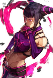 Rule 34 | 1girl, abs, armpits, ass, aura, baggy pants, belt, black hair, blunt bangs, bracelet, breasts, capcom, chinese clothes, detached sleeves, drill hair, dudou, fingerless gloves, from behind, gloves, halterneck, han juri, hand on own hip, jewelry, medium breasts, muscular, muscular female, nasubin (nasubisamurai15), nose, panties, pants, purple eyes, purple panties, short hair, sideboob, sidelocks, soles, solo, spiked bracelet, spikes, standing, street fighter, street fighter iv (series), toned, underwear