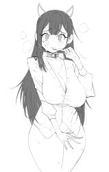 Rule 34 | 1girl, akuma nihmune, blush, breasts, button shirt, buttons, choker, cleavage, finger to mouth, gs16 (chug), hair ornament, hairclip, heart, heart choker, highres, horns, indie virtual youtuber, jourjii, large breasts, long hair, long sleeves, looking at viewer, midriff peek, monochrome, nipples visible through clothes, partially unbuttoned, pointing, pointing at self, shirt, solo, sweat, thick thighs, thighs, virtual youtuber