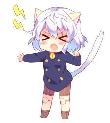 Rule 34 | &gt; &lt;, androgynous, animal ears, bad id, bad pixiv id, bell, cat ears, cat tail, chibi, closed eyes, collar, doll joints, fang, gender request, hunter x hunter, joints, neck bell, neferpitou, other focus, poooka, short hair, silver hair, simple background, solo, tail, wavy hair, white background
