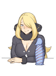 Rule 34 | 1girl, black dress, blonde hair, blush, breasts, cleavage, closed mouth, creatures (company), cynthia (pokemon), dildo, dress, dyun, embarrassed, fur-trimmed sleeves, fur trim, game freak, grey eyes, hair over one eye, highres, huge dildo, large breasts, long hair, long sleeves, looking at viewer, nintendo, one eye covered, pokemon, pokemon dppt, sex toy, simple background, smile, solo, upper body, white background