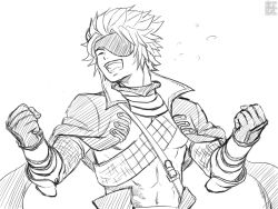 Rule 34 | 1boy, :d, ^ ^, abs, chousokabe motochika (sengoku basara), clenched hands, closed eyes, cropped jacket, eyepatch, jacket, jacket on shoulders, male focus, manojimerser, monochrome, navel, open mouth, sengoku basara, short hair, simple background, sketch, smile, solo, spiked hair, teeth, toned, toned male, upper body, upper teeth only, white background