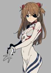 Rule 34 | 1girl, ass, blue eyes, breasts, brown hair, closed mouth, curvy, evangelion: 3.0+1.0 thrice upon a time, eyepatch, grey background, highres, imigimuru, long hair, looking at viewer, neon genesis evangelion, plugsuit, rebuild of evangelion, simple background, small breasts, solo, souryuu asuka langley, upper body, wide hips