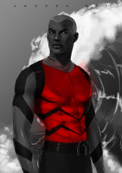 Rule 34 | 1boy, abs, amoona, aqua lad, aqualad, artist name, belt, black sclera, bodysuit, colored sclera, dark skin, dark-skinned male, dc comics, gills, kaldur&#039;ahm, male focus, muscular, ocean, red shirt, shirt, sleeveless, solo, spot color, tattoo, upper body, water, waving, white eyes, young justice, young justice: invasion