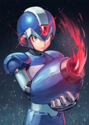 Rule 34 | 1boy, android, arm cannon, capcom, commentary request, gloves, gradient background, green eyes, helmet, highres, kuroi susumu, looking at viewer, male focus, mega man (series), x (mega man), mega man x (series), serious, solo, weapon, white gloves