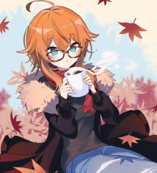 Rule 34 | 1girl, ahoge, autumn leaves, black jacket, blowing, blue eyes, breasts, char (vtuber), coffee, commission, cup, denim, fur trim, glasses, grey sweater, highres, holding, holding cup, indie virtual youtuber, jacket, jeans, medium breasts, mug, orange hair, pants, red scarf, ribbed sweater, scarf, second-party source, shake (noripasuta), short hair with long locks, sitting, skeb commission, solo, sweater, virtual youtuber