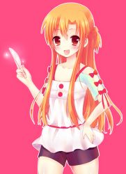 Rule 34 | 10s, 1girl, :d, asuna (sao), bad id, bad pixiv id, bike shorts, blush, hand on own hip, hasune (hasuneya), holding, holding knife, knife, long hair, open mouth, orange hair, outline, pink background, red eyes, simple background, smile, solo, sword art online