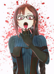 Rule 34 | 1girl, black dress, blood, blood splatter, blush, braid, breasts, breath, brown hair, dress, ear piercing, earrings, fate/grand order, fate (series), glasses, highres, jewelry, kou1, licking, licking finger, long hair, looking at viewer, medium breasts, multiple earrings, music, open mouth, piercing, pinstripe pattern, red eyes, singing, solo, striped, tongue, tongue out, upper body, white background, yu mei-ren (fate), yu mei-ren (first ascension) (fate)