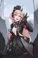 Rule 34 | 1girl, ar-15, assault rifle, black jacket, black skirt, blonde hair, breasts, cleavage, cowboy shot, dinergate (girls&#039; frontline), girls&#039; frontline, gun, headgear, holding, holding gun, holding weapon, jacket, long hair, m4 carbine, m4 sopmod ii, m4 sopmod ii (girls&#039; frontline), mechanical arms, multicolored hair, neckerchief, open clothes, open jacket, pantyhose, partially unzipped, pleated skirt, red eyes, red hair, rifle, single mechanical arm, skirt, streaked hair, unzipped, weapon, xipel