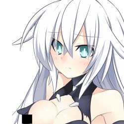 Rule 34 | 10s, 1girl, bad id, bad pixiv id, bar censor, bare shoulders, black heart (neptunia), blue eyes, blush, breasts, censored, cleavage, long hair, looking at viewer, meimu (infinity), neptune (series), noire (neptunia), solo, symbol-shaped pupils, tears, white hair
