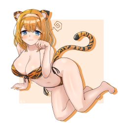Rule 34 | 1girl, @ @, absurdres, animal ears, animal print, barefoot, bikini, blonde hair, blue eyes, blush, cailleach bheur, chinese zodiac, commission, embarrassed, full body, hairband, highres, last origin, looking at viewer, navel, new year, noonnoon531, one eye closed, paw pose, pixiv commission, solo, squiggle, string bikini, swimsuit, tail, tears, tiger ears, tiger print, tiger tail, wavy mouth, year of the tiger