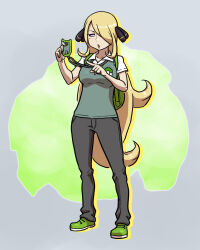 Rule 34 | 1girl, :o, backpack, bag, blonde hair, blush, breasts, collared shirt, commentary request, cosplay, creatures (company), curly hair, cynthia (pokemon), full body, game freak, green bag, green footwear, green vest, habatakuhituji, hair ornament, hair over one eye, holding, large breasts, long hair, medium breasts, nintendo, pants, pointing, pokemon, pokemon dppt, pokemon xy, purple eyes, shirt, shoes, short sleeves, solo, standing, trevor (pokemon), trevor (pokemon) (cosplay), vest, white shirt