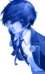 Rule 34 | 1boy, blazpu, blue theme, collared shirt, gekkoukan high school uniform, hair between eyes, highres, jacket, looking at viewer, male focus, neck ribbon, open clothes, open jacket, parted lips, persona, persona 3, ribbon, school uniform, shirt, simple background, solo, upper body, yuuki makoto (persona 3)