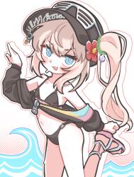 1girl absurdres baseball_cap bikini black_bikini black_jacket black_survival blonde_hair blue_eyes blush collarbone eternal_return:_black_survival eyewear_on_head flat_chest flower hair_flower hair_ornament hat highres jacket leni_(black_survival) looking_at_viewer mole navel o-ring open_mouth sandals shoeguy shutter_shades side_ponytail smile solo sunglasses sweat sweatdrop swimsuit