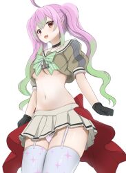 Rule 34 | 1girl, adapted costume, ahoge, anchor ornament, back bow, black choker, black gloves, bow, bowtie, breasts, choker, cowboy shot, fang, garter straps, gloves, gradient hair, green bow, green bowtie, green hair, green shirt, highres, kantai collection, long hair, midriff, momo (kancolle), multicolored hair, open mouth, panties, pink hair, pleated skirt, red bow, redundant-cat, sailor collar, sailor shirt, shirt, simple background, skin fang, skirt, small breasts, solo, sparkle print, striped bow, striped bowtie, striped clothes, thighhighs, twintails, underboob, underwear, white background, white panties, white sailor collar, white skirt, white thighhighs
