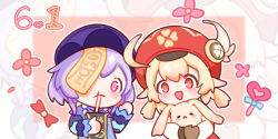 Rule 34 | :d, ahoge, animal, animal hug, bead necklace, beads, blonde hair, brown gloves, cabbie hat, carrying, chibi, clover print, commentary request, cup, drinking glass, drinking straw, genshin impact, gloves, hair between eyes, hat, hat feather, hat ornament, holding, jewelry, jiangshi, kano nene, klee (genshin impact), long hair, looking at viewer, necklace, open mouth, purple eyes, purple hair, qingdai guanmao, qiqi (genshin impact), rabbit, red eyes, sidelocks, smile, zoom layer