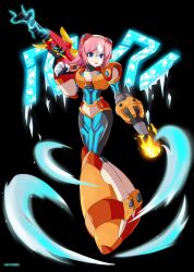 Rule 34 | 1girl, alternate costume, android, armor, belt, black background, black bodysuit, blue eyes, bodysuit, breastplate, full body, gloves, hair ornament, headgear, headset, joints, looking at viewer, m11xgirby, mega man (series), mega man x: command mission, mega man x (series), mega man x dive, multicolored hair, nana (mega man x: command mission), open mouth, pink hair, robot joints, short hair, shoulder armor, skin tight, solo, turtleneck, two-tone hair, weapon, white gloves, white hair