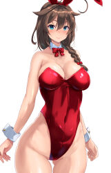 Rule 34 | 1girl, ahoge, alternate costume, animal ears, bare legs, blue eyes, bow, bowtie, braid, breasts, brown hair, cleavage, commentary request, covered navel, cowboy shot, detached collar, fake animal ears, hair flaps, hair over shoulder, highleg, highleg leotard, highres, kantai collection, large breasts, leotard, long hair, moroheiya (moroheiya-works), playboy bunny, rabbit ears, red bow, red bowtie, red leotard, shigure (kancolle), shigure kai ni (kancolle), simple background, single braid, solo, strapless, strapless leotard, white background, wrist cuffs