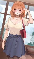 Rule 34 | 1girl, blue skirt, blush, breasts, brown pantyhose, cleavage, earrings, hand up, highres, holding, jewelry, large breasts, medium hair, necklace, orange hair, original, pantyhose, parted lips, red bag, red eyes, shirt, shirt tucked in, short sleeves, shougun (chuckni1), skirt, smile, solo, yellow shirt