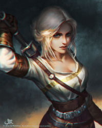Rule 34 | 1girl, belt, chromatic aberration, ciri, gothic q, green eyes, half updo, highres, lips, long hair, looking at viewer, qichao wang, scar, silver hair, solo, sword, the witcher (series), the witcher 3, weapon