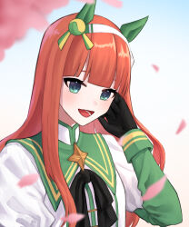 Rule 34 | 1girl, :d, absurdres, animal ears, black gloves, blunt bangs, blush, capelet, cherry blossoms, commentary request, ear covers, gloves, green capelet, green eyes, hairband, hand on own face, highres, horse ears, horse girl, light blush, long hair, lower teeth only, miyano (user nhea8337), open mouth, orange hair, silence suzuka (umamusume), smile, solo, teeth, tongue, umamusume