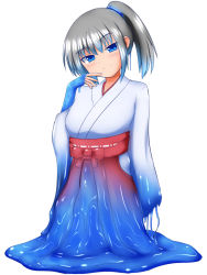 Rule 34 | blue eyes, japanese clothes, melting, monster girl, ponytail, rethnick, slime girl, smile, sura shrine maiden, transformation