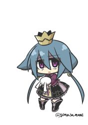 Rule 34 | 1girl, 7th dragon, 7th dragon (series), absurdres, black footwear, black skirt, blue hair, boots, chibi, collared shirt, crown, goma (gomasamune), hair between eyes, highres, juliet sleeves, long hair, long sleeves, looking at viewer, low twintails, mini crown, momomeno (7th dragon), parted lips, princess (7th dragon), puffy sleeves, purple eyes, purple shirt, shirt, simple background, skirt, solo, stuffed animal, stuffed rabbit, stuffed toy, twintails, twitter username, very long hair, white background