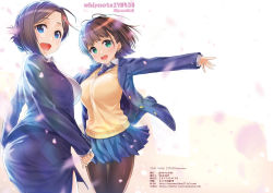 Rule 34 | 2girls, :d, ai-chan (tawawa), arms at sides, black legwear, blue eyes, blush, braid, breasts, brown hair, cherry blossoms, dress shirt, getsuyoubi no tawawa, green eyes, hair ornament, hairclip, kouhai-chan (tawawa), large breasts, looking at viewer, miniskirt, mole, mole under eye, multiple girls, nanase meruchi, necktie, office lady, open mouth, outstretched arms, pantyhose, pantylines, petals, school uniform, shirt, short hair, side braid, skirt, smile, sweater, sweater vest, text focus, v-neck, watermark, web address, yellow sweater vest