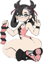 Rule 34 | 1girl, ass, black hair, black nails, blue eyes, blush, boots, breasts, choker, clothing cutout, condom, condom packet strip, condom wrapper, creatures (company), ear piercing, full body, game freak, highres, hiplover, kneeling, looking at viewer, looking back, marnie (pokemon), navel cutout, nintendo, one-piece swimsuit, piercing, pokemon, pokemon swsh, small breasts, solo, swimsuit, thick thighs, thighs, twintails, twisted torso, v, white background, wristband