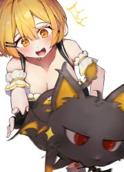 Rule 34 | 1girl, absurdres, black bustier, black choker, black skirt, blonde hair, blurry, blush, breasts, bustier, cat, choker, cleavage, commentary, depth of field, detached sleeves, double-parted bangs, fang, frilled bustier, frills, hair ornament, hairclip, highres, hololive, medium breasts, notice lines, official alternate costume, open mouth, orange eyes, short hair, short sleeves, skirt, sleeve garter, surprised, virtual youtuber, white sleeves, yellow eyes, yozora mel, yozora mel (2nd costume), yukirei