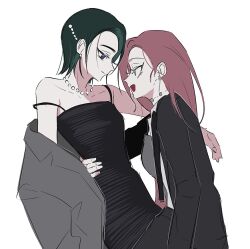 Rule 34 | 2girls, alien stage, black dress, black hair, commentary request, dress, earrings, from side, hand around waist, highres, jacket, jewelry, kyon (zmwh8222), long hair, looking at another, mizi (alien stage), multiple girls, necklace, off shoulder, open clothes, open jacket, open mouth, pearl necklace, pink hair, profile, purple eyes, short hair, sketch, smile, sua (alien stage), white background, yellow eyes, yuri