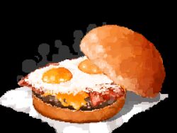 bacon black_background bun_(food) burger cheese commentary_request food food_focus fried_egg highres hisachan55cute napkin no_humans original pixel_art simple_background still_life