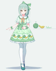 Rule 34 | 10s, 1girl, absurdres, alternate costume, bow, brown eyes, character name, dress, food, food-themed clothes, food print, footwear bow, frilled shirt collar, frilled sleeves, frills, fruit, fruit print, full body, green hair, grey background, hagi (ame hagi), hair ribbon, highres, kantai collection, lolita fashion, melon, pantyhose, ponytail, ribbon, see-through, shoes, short sleeves, simple background, solo, white pantyhose, wrist cuffs, yuubari (kancolle)
