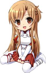 Rule 34 | 10s, 1girl, asuna (sao), blush, brown hair, chibi, detached sleeves, harukigenia, long hair, looking at viewer, red eyes, skirt, smile, solo, sword art online, thighhighs, white background, white thighhighs