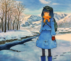 Rule 34 | 1girl, arms at sides, backpack, bag, bare tree, black pantyhose, blue eyes, blue hair, boots, commentary, footprints, gloves, green hat, hair bobbles, hair ornament, hat, kawashiro nitori, key, landscape, marker (medium), nature, pantyhose, pocket, rubber boots, scarf, scenery, shade, shiratama (hockey), skirt, skirt set, snow, solo, stream, touhou, traditional media, tree, two side up, water, winter