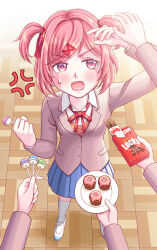 Rule 34 | 1girl, anger vein, annoyed, blazer, blush, box, breasts, brown sweater vest, candy, clenched hand, commentary, cupcake, doki doki literature club, dress shirt, fang, food, foreshortening, from above, full body, grey jacket, hair ornament, hair ribbon, hand up, holding, holding candy, holding food, holding plate, jacket, keito nagumo, lollipop, looking at viewer, looking up, natsuki (doki doki literature club), neck ribbon, open clothes, open jacket, parquet floor, perspective, pink eyes, pink hair, plate, pocky, pov, pov hands, red ribbon, ribbon, school uniform, shadow, shirt, shoes, short hair, shouting, small breasts, socks, standing, sweatdrop, sweater vest, swept bangs, uwabaki, v-shaped eyebrows, white footwear, white shirt, white socks, wooden floor, x hair ornament
